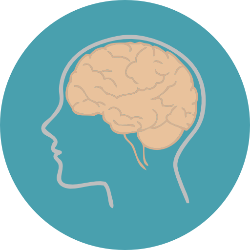 a blue circle with a head and brain icon