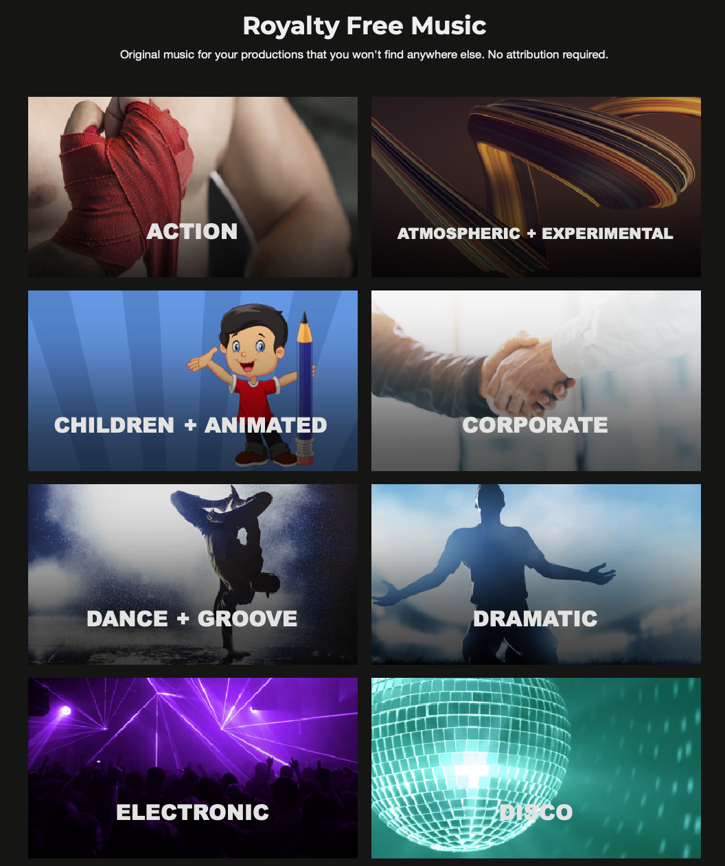 Alt text: "SoundCrate royalty free music categories screen featuring sections for Action, Atmospheric + Experimental, Children + Animated, Corporate, Dance + Groove, Dramatic, Electronic, and Disco music genres with corresponding thematic images."