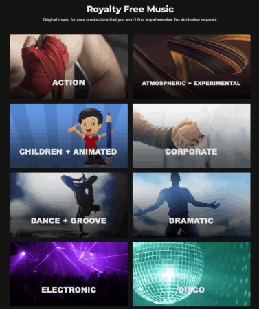 Alt text: "SoundCrate royalty free music categories screen featuring sections for Action, Atmospheric + Experimental, Children + Animated, Corporate, Dance + Groove, Dramatic, Electronic, and Disco music genres with corresponding thematic images."